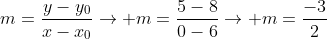 m=frac{y-y_0}{x-x_0}
ightarrow m=frac{5-8}{0-6}
ightarrow m=frac{-3}{2}