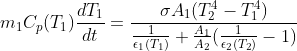 m_1 C_p(T_1)\frac{dT_1}{dt} = \frac{\sigma A_1 (T_2^4 - T_1^4)}{\frac{1}{\epsilon_1(T_1)} + \frac{A_1}{A_2}(\frac{1}{\epsilon_2(T_2)}-1)}