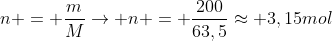 n = frac{m}{M}
ightarrow n = frac{200}{63,5}approx 3,15mol