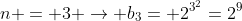 n = 3 
ightarrow b_3= 2^{3^{2}}=2^9