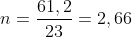 n=frac{61,2}{23}=2,66;molapprox 2,7;mol