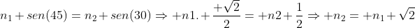 n_1 sen(45)=n_2 sen(30)Rightarrow n1. frac{ sqrt{2}}{2}= n2 frac{1}{2}Rightarrow n_2= n_1 sqrt{2}