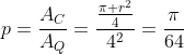 p=frac{A_C}{A_Q}=frac{frac{pi r^2}{4}}{4^2}=frac{pi}{64}