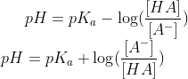 pH = pK_a -\log(\frac{[HA]}{[A^-]})\\ pH = pK_a +\log(\frac{[A^-]}{[HA]})\\