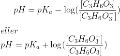 pH=pK_a - \log(\frac{[C_3H_6O_3]}{[C_3H_6O_3^-]})\\ \\eller\\ pH=pK_a + \log(\frac{[C_3H_6O_3^-]}{[C_3H_6O_3]})