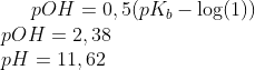 pOH=0,5(pK_b - \log(1))\\ pOH = 2,38\\ pH = 11,62