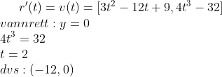 r ' (t)=v(t)=[3t^2-12t+9, 4t^3-32]\\ vannrett: y=0\\ 4t^3=32\\ t=2\\ dvs:(-12, 0)