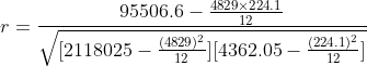 r = frac{95506.6-frac{4829 times 224.1}{12}}{sqrt{[2118025-frac{(4829)^{2}}{12}][4362.05-frac{(224.1)^{2}}{12}]}}