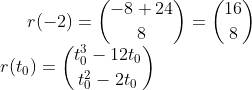 r(-2) = \binom{-8+24}{8}=\binom{16}{8}\\ r(t_{0}) = \binom{t_{0}^3-12t_{0}}{t_{0}^2-2t_{0}}\\