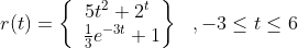 r(t)=\begin{Bmatrix} 5t^{2}+2^{t}\\\: \: \frac{1}{3}e^{-3t}+1 \end{Bmatrix} \: \: \: ,-3\leq t\leq 6