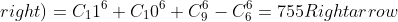 n left ( overline A right) = C_ 11 ^ 6 + C_ 10 ^ 6 + C_ 9 ^ 6 -C_ 6 ^ 6 = 755 Mũi tên phải n left (A right) = 5005-755 = 4250