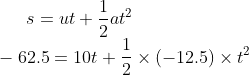 s = ut + \frac{1}{2} a {t}^{2} \\ - 62.5 = 10t + \frac{1}{2} \times( - 12.5) \times {t}^{2} \\