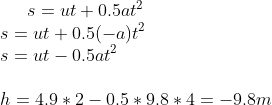 s=ut+0.5at^2 \\ s= ut + 0.5(-a)t^2 \\ s=ut-0.5at^2 \\ \\h=4.9*2-0.5*9.8*4 = -9.8 m
