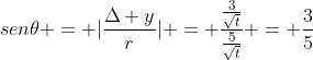 sen	heta = |frac{Delta y}{r}| = frac{frac{3}{sqrt{t}}}{frac{5}{sqrt{t}}} = frac{3}{5}