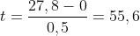 t=\dfrac{27,8-0}{0,5}=55,6\, \mathrm{s}