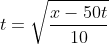 \fn_cm t=\sqrt{\frac{x-50t}{10}}