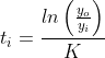 t_{i}=\frac{ln\left ( \frac{y_{o}}{y_{i}} \right )}{K}