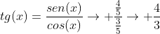 tg(x)=frac{sen(x)}{cos(x)}ightarrow frac{frac{4}{5}}{frac{3}{5}}ightarrow frac{4}{3}
