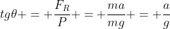 tg	heta = frac{F_R}{P} = frac{ma}{mg} = frac{a}{g}