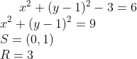 x^2+(y-1)^2-3=6\\ x^2+(y-1)^2=9\\ S=(0,1)\\ R=3