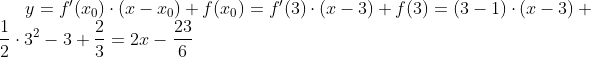 y = f'(x_0)\cdot (x-x_0)+f(x_0) = f'(3)\cdot (x-3)+f(3) = (3-1)\cdot (x-3)+\frac{1}{2}\cdot 3^2-3+\frac{2}{3} =2x-\frac{23}{6}