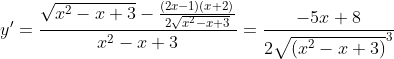 y'=\frac{\sqrt{x^{2}-x+3}-\frac{(2x-1)(x+2)}{2\sqrt{x^{2}-x+3}}}{x^{2}-x+3}=\frac{-5x+8}{2\sqrt{(x^{2}-x+3)}^{3}}