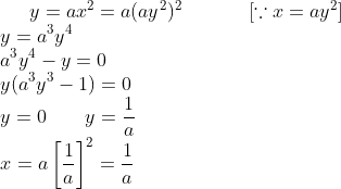 y=ax^{2}=a(ay^{2})^{2}\;\;\;\;\;\;\;\;\;\;\;\;[\because x=ay^{2}]\\ y=a^{3}y^{4}\\ a^{3}y^{4}-y=0\\ y(a^{3}y^{3}-1)=0\\ y=0\;\;\;\;\;\;\;y=\frac{1}{a}\\ x=a\left [ \frac{1}{a} \right ]^{2}=\frac{1}{a}