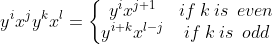 y^ix^jy^kx^l = \left\{\begin{matrix} y^ix^{j+1} & if\: k\: is \: \: even \\ y^{i+k}x^{l-j} & if\: k\: is \: \: odd \end{matrix}\right.