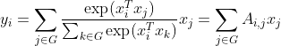 y_i=\sum_{j\in G}\frac{\exp(x_i^Tx_j)}{\sum_{k\in G}\exp(x_i^Tx_k)}x_j=\sum_{j\in G}A_{i,j}x_j