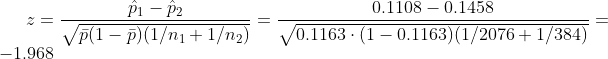 z = \frac{\hat p_1 - \hat p_2}{\sqrt{ \bar p(1-\bar p)(1/n_1 + 1/n_2)}} = \frac{ 0.1108 - 0.1458}{\sqrt{ 0.1163\cdot(1-0.1163)(1/2076 + 1/384)}} = -1.968
