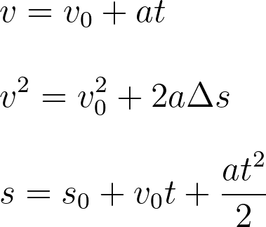 Três fórmulas do movimento uniformemente variado na cinemática.