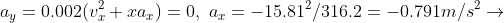 a_y=0.002\(v_x^2+xa_x\)=0,\\,\\,a_x=-15.81^2/316.2=-0.791m/s^2