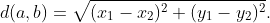 [tex]d(a,b)=\sqrt{(x_{1}-x_{2})^{2}+(y_{1}-y_{2})^{2}}.[/tex]