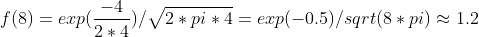 f(8) = exp(-4 / 2 * 4) / sqrt(2 * pi * 4) = exp(-0.5) / sqrt(8 * pi) = 1.2